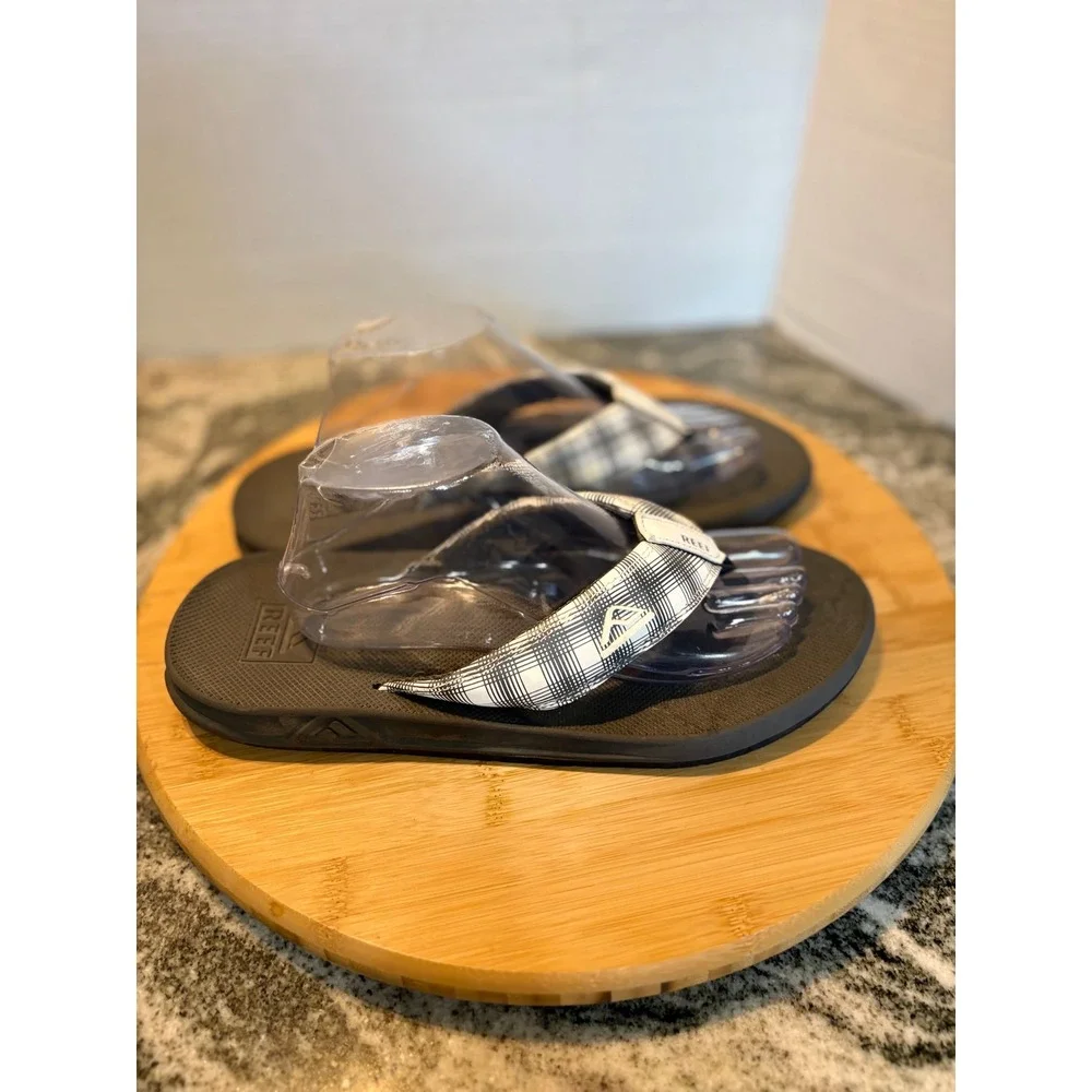 Reef Mens Fanning Flip Flop Sandals Black White Plaid Thong Beach Shoes